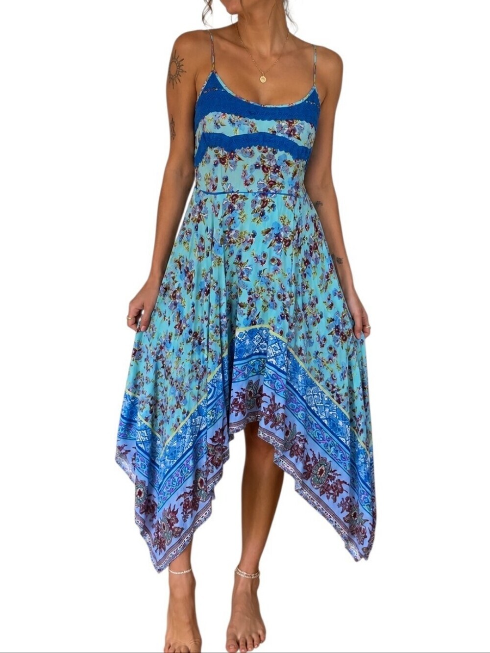Anthropologie Entro Y2K Handkerchief Hem Dress Women Large Blue Cream
